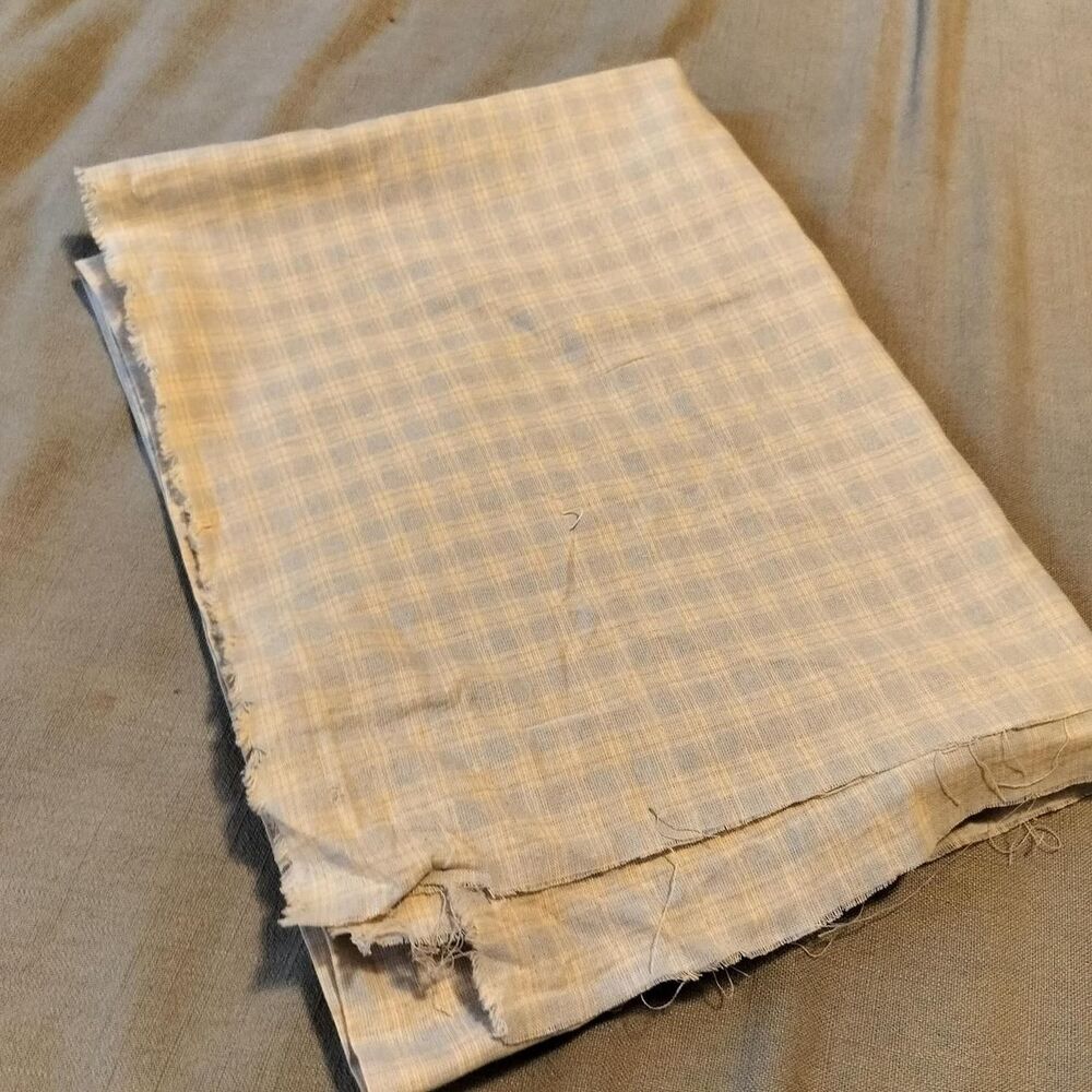 Vintage Cream and light grey-blue plaid loose weave cotton fabric